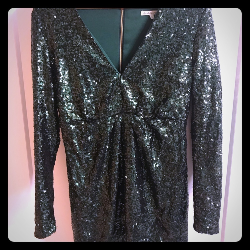 Green sequined mini dress with long sleeves